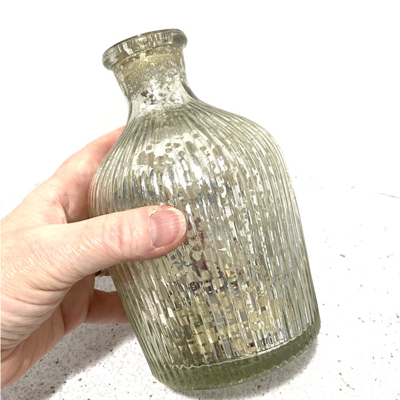 Vintage Mercury Glass Ribbed Bottle with Ornate Floral Silvertone Metal Stopper - Picture 8 of 10